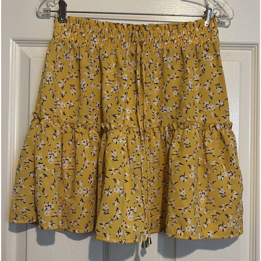 Women's Summer Elastic Waist Floral Print Short Mini Skirt Yellow